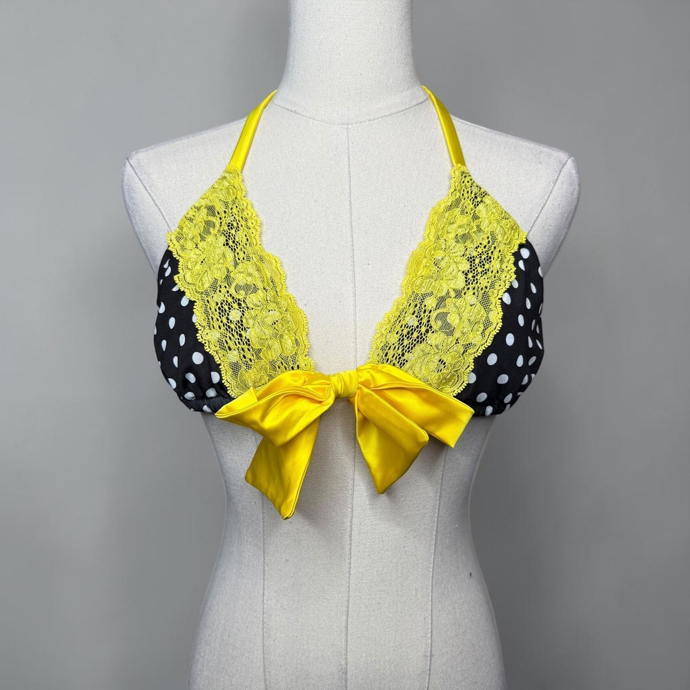 Beach Bunny Polka Dot Lace Halter Bikini Top Black Yellow Retro Coquette size XL